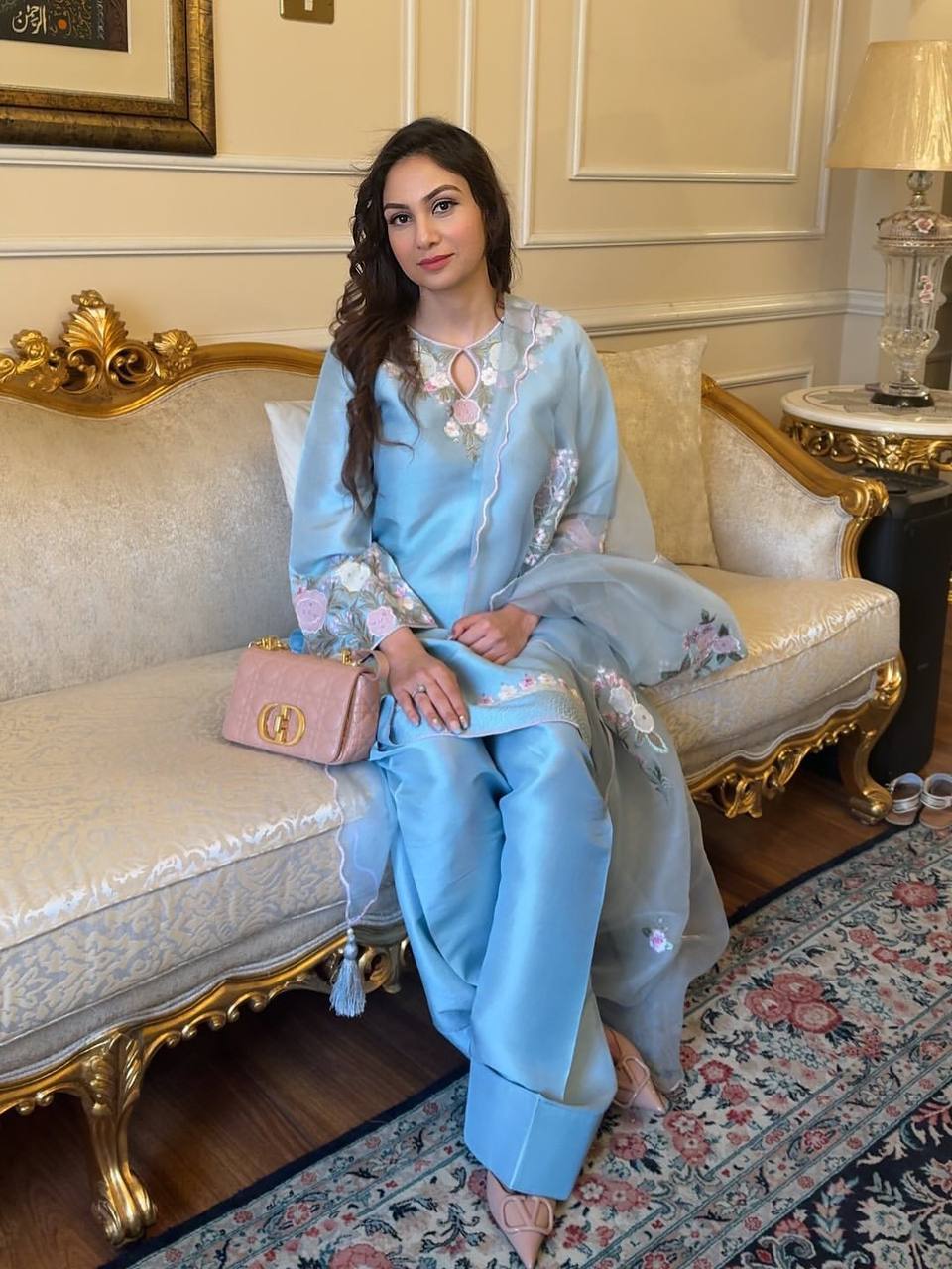 Sky Blue French Crepe Thread Embroidered Kurti Set with Pant & Dupatta for Women