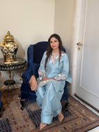 Sky Blue French Crepe Thread Embroidered Kurti Set with Pant & Dupatta for Women