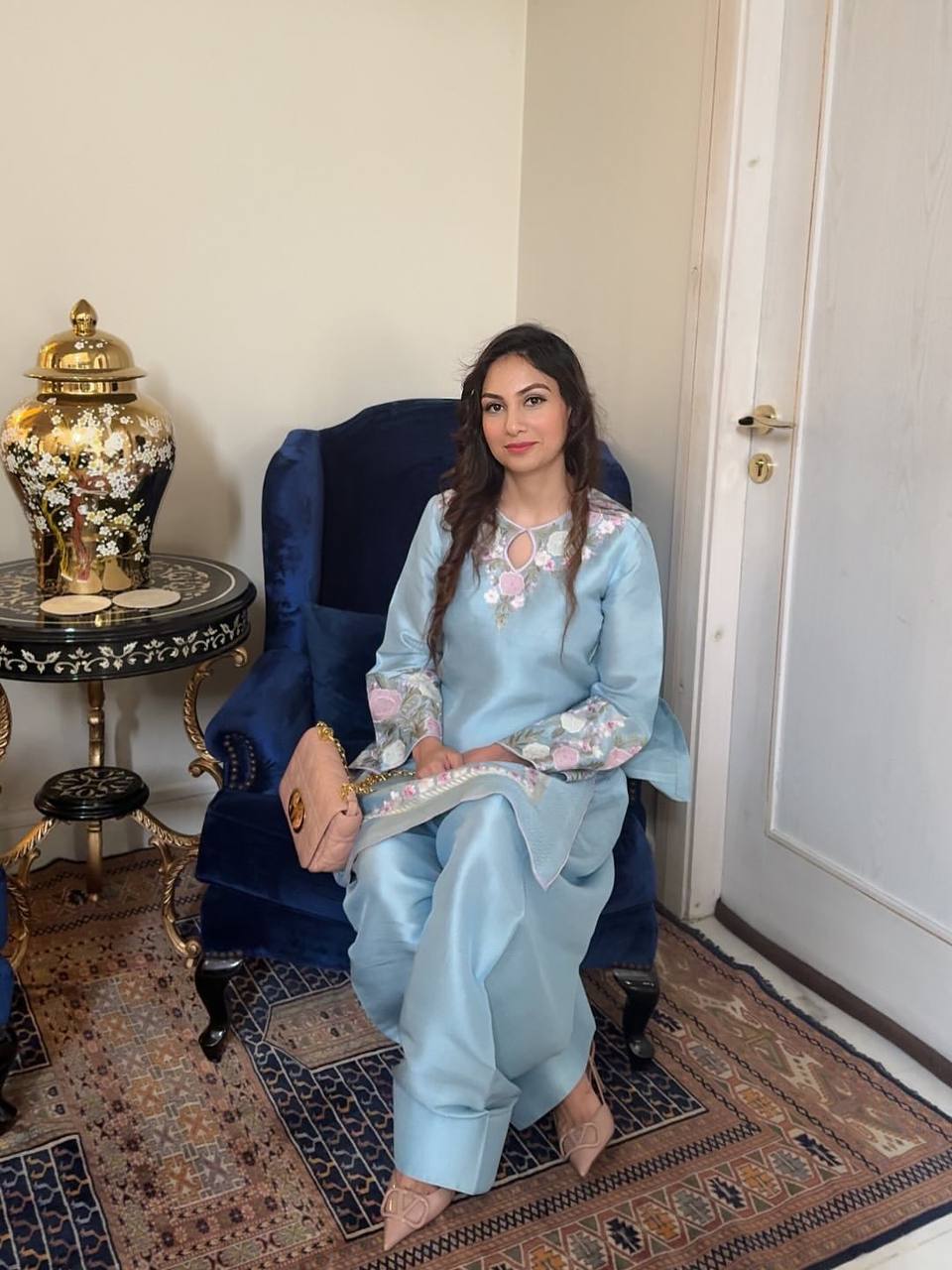 Sky Blue French Crepe Thread Embroidered Kurti Set with Pant & Dupatta for Women