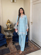 Sky Blue French Crepe Thread Embroidered Kurti Set with Pant & Dupatta for Women