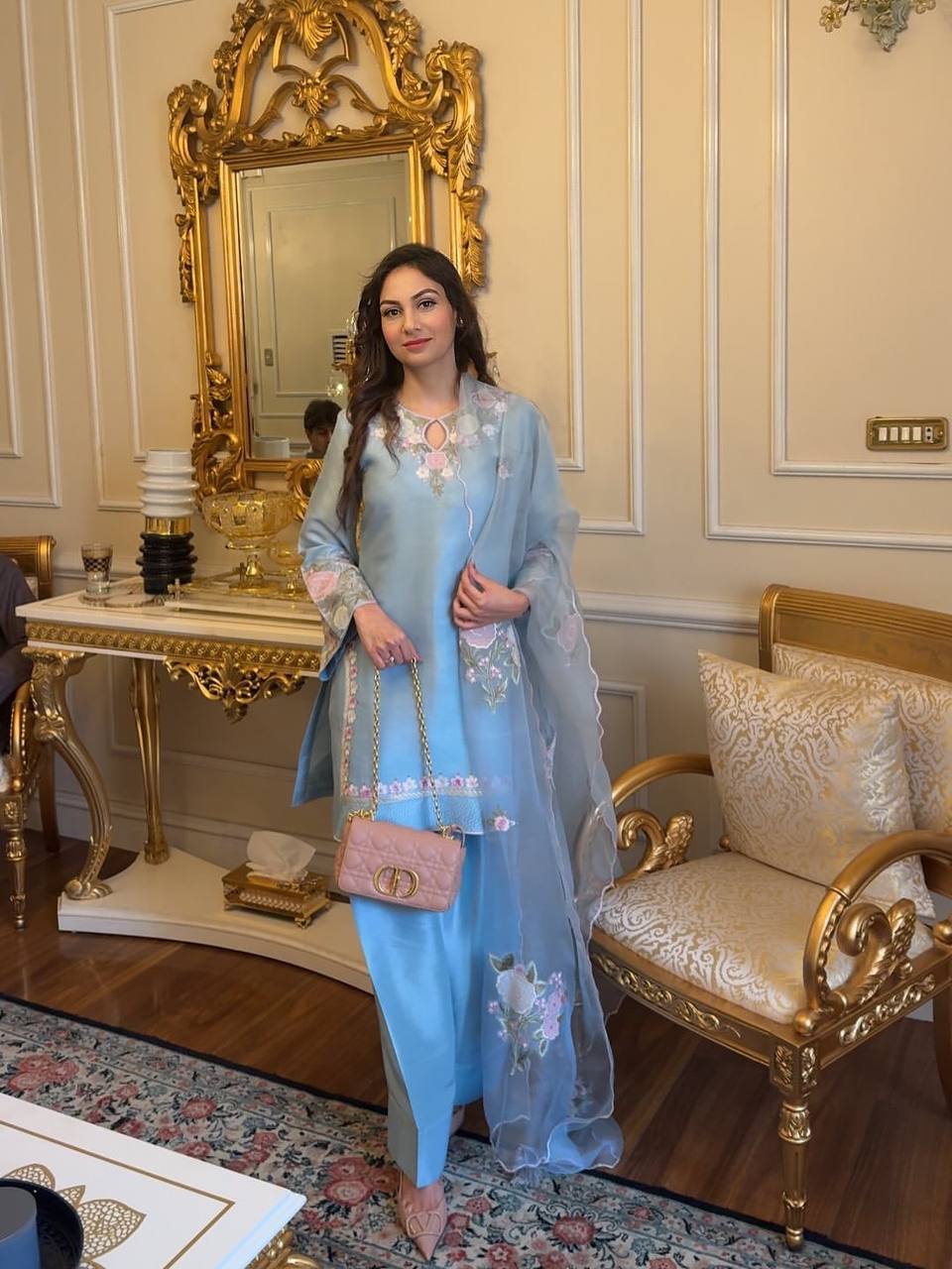 Sky Blue French Crepe Thread Embroidered Kurti Set with Pant & Dupatta for Women