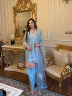 Sky Blue French Crepe Thread Embroidered Kurti Set with Pant & Dupatta for Women