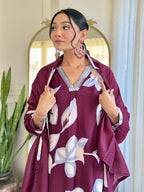 Maroon & White French Crepe Embroidered Kurti Set with Pant & Dupatta for Women