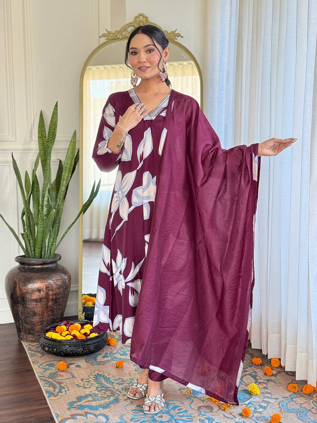 Maroon & White French Crepe Embroidered Kurti Set with Pant & Dupatta for Women
