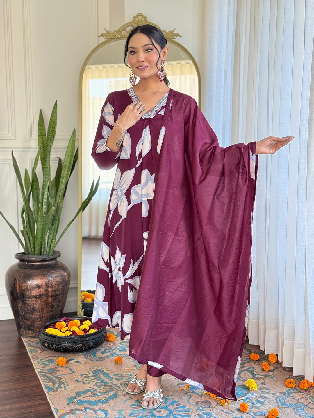 Maroon & White French Crepe Embroidered Kurti Set with Pant & Dupatta for Women