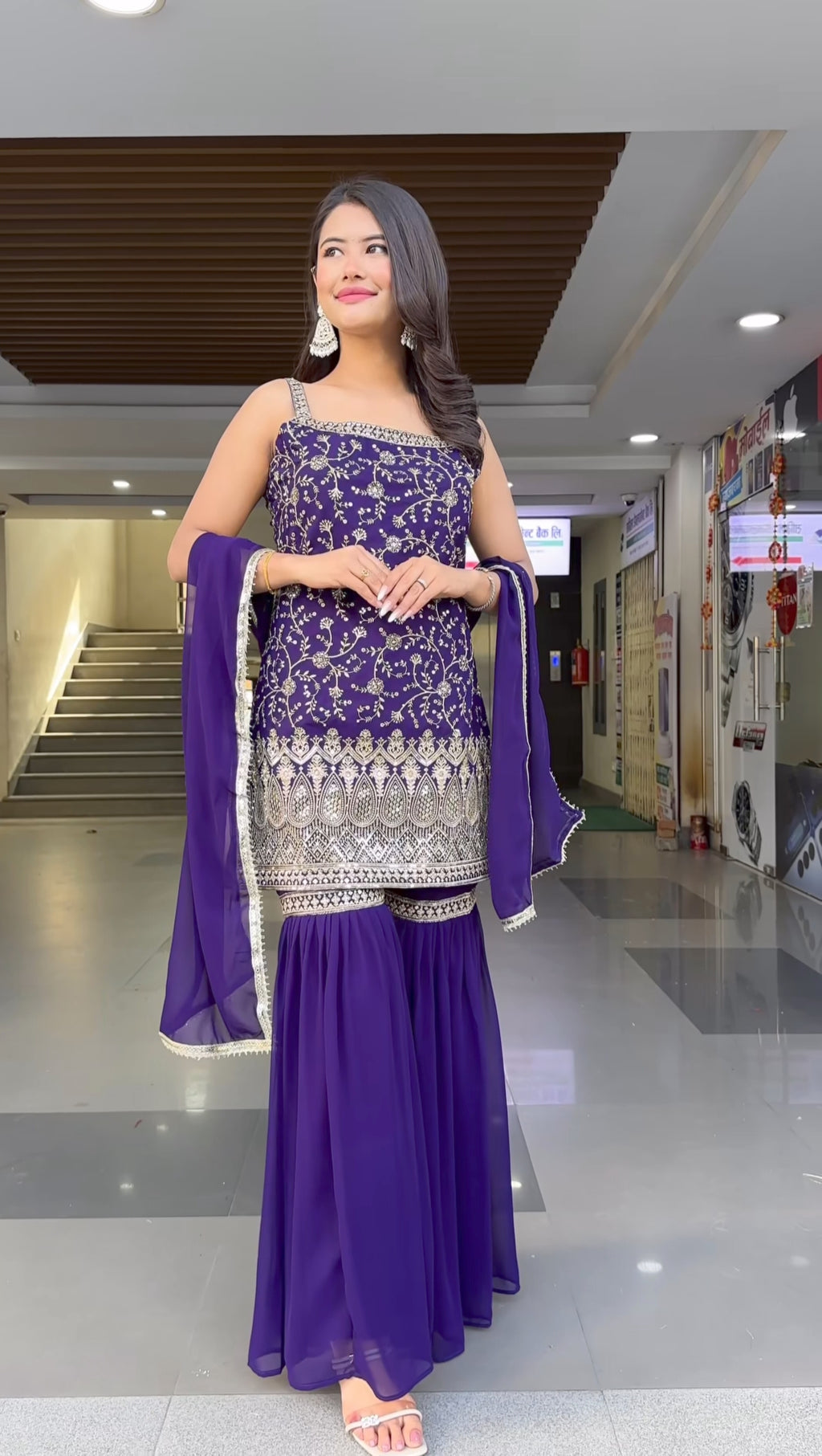 Purple Georgette Embroidered Kurti Set with Sharara & Dupatta for Women