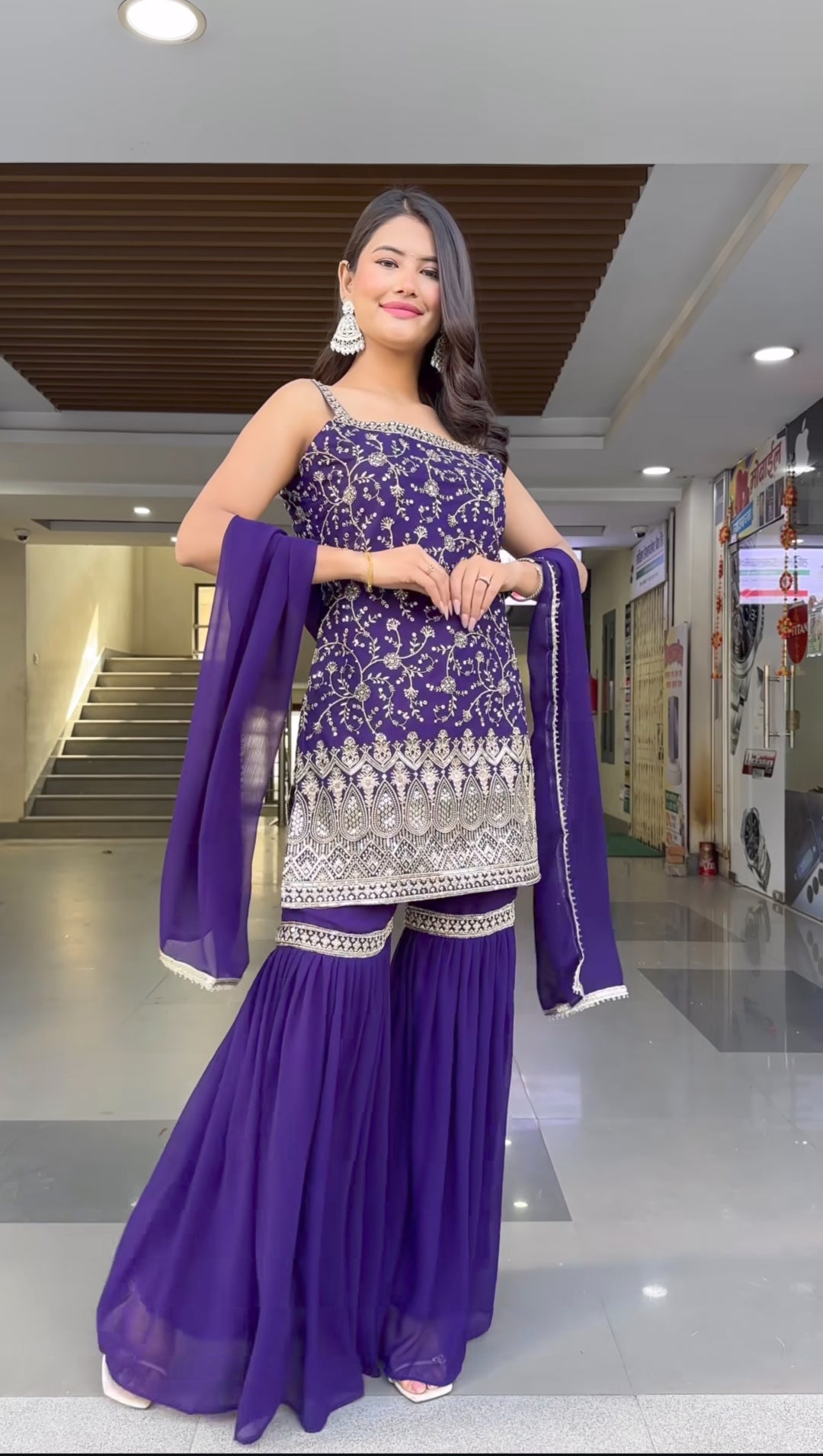 Purple Georgette Embroidered Kurti Set with Sharara & Dupatta for Women