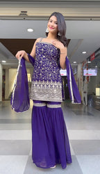 Purple Georgette Embroidered Kurti Set with Sharara & Dupatta for Women