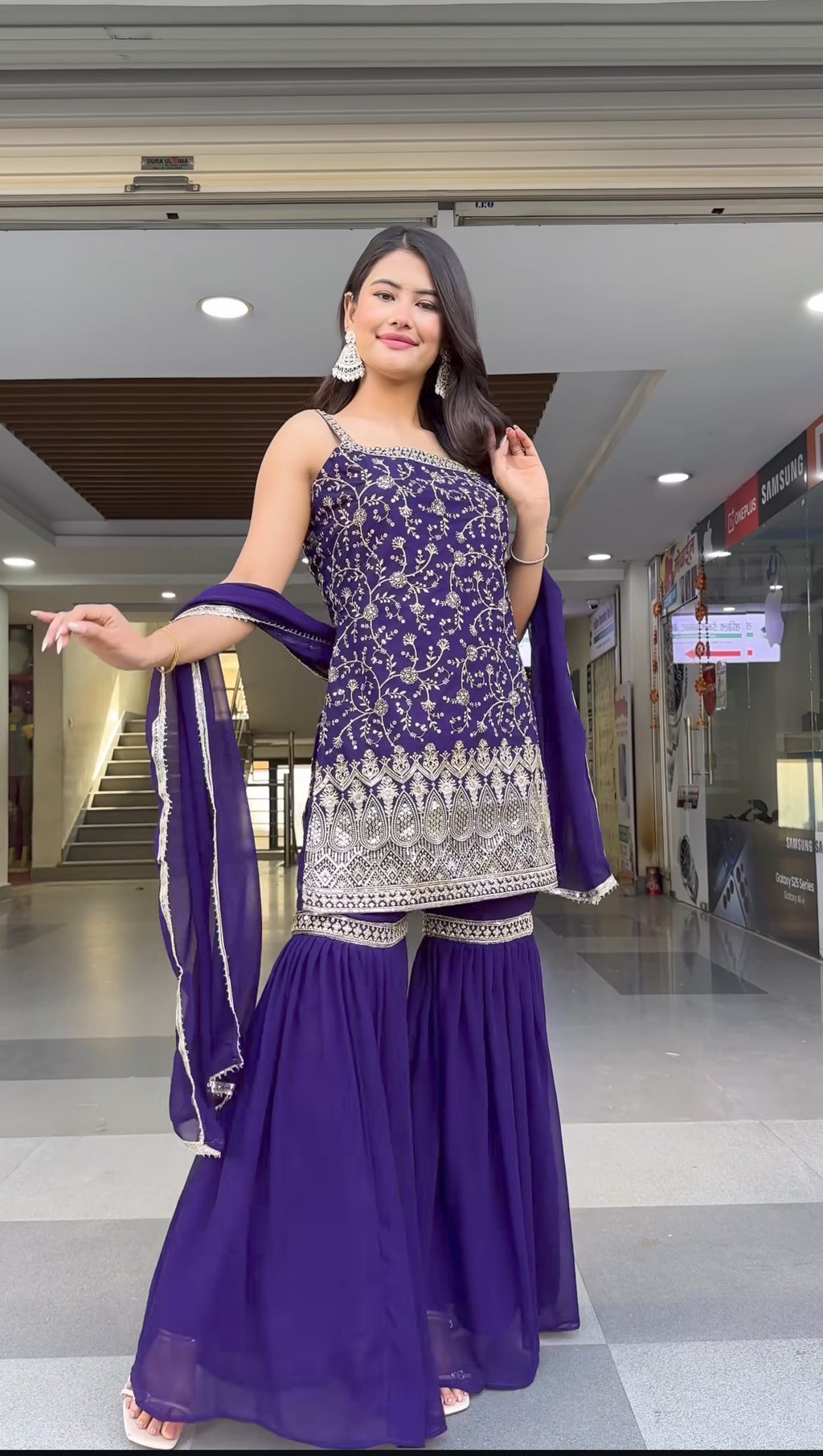 Purple Georgette Embroidered Kurti Set with Sharara & Dupatta for Women