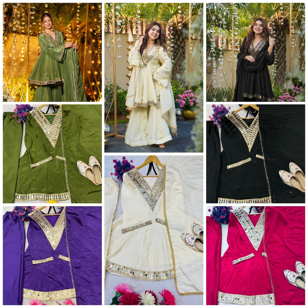 REAL MIRROR WORK ON SILK FABRIC TOP AND PLAZZO WITH DUPATTA SET