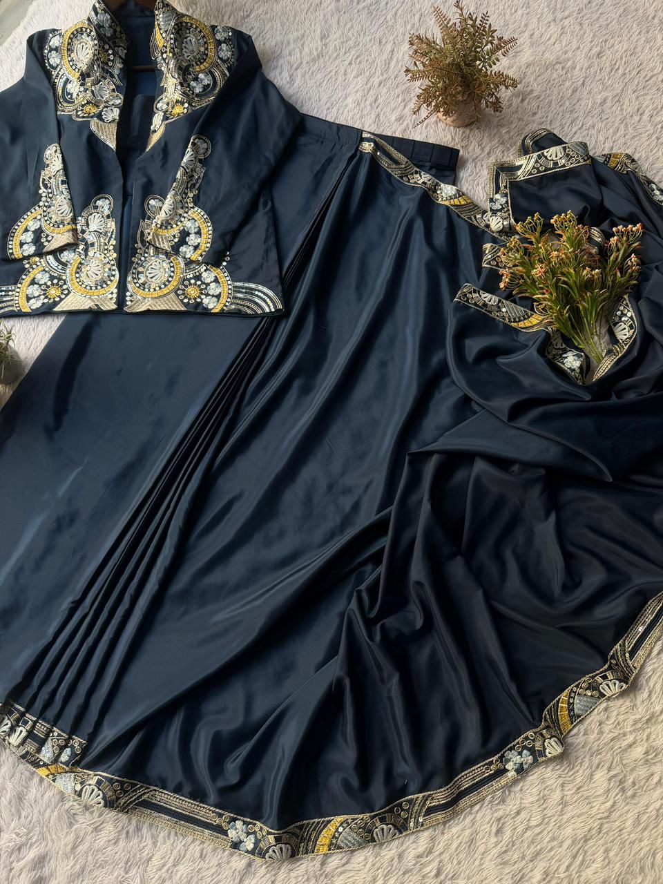 LAHENGA SAREE WITH LONG BLOUSE AND HEAVY EMBROIDERY WORK*