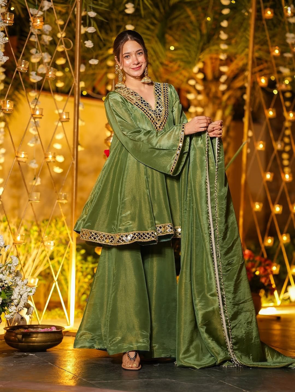 REAL MIRROR WORK ON SILK FABRIC TOP AND PLAZZO WITH DUPATTA SET