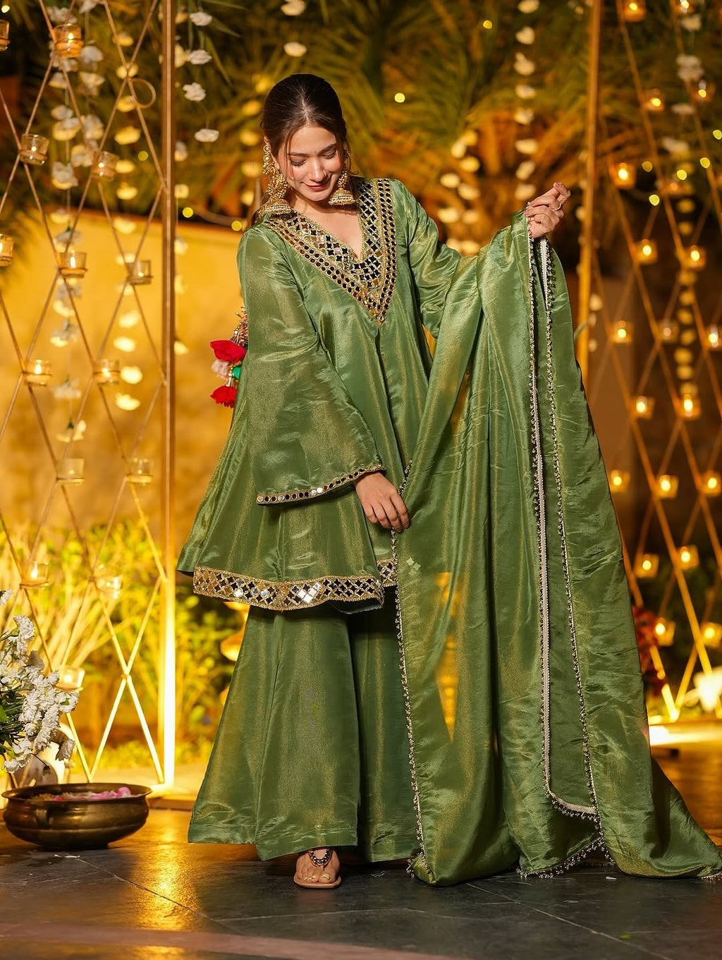 REAL MIRROR WORK ON SILK FABRIC TOP AND PLAZZO WITH DUPATTA SET