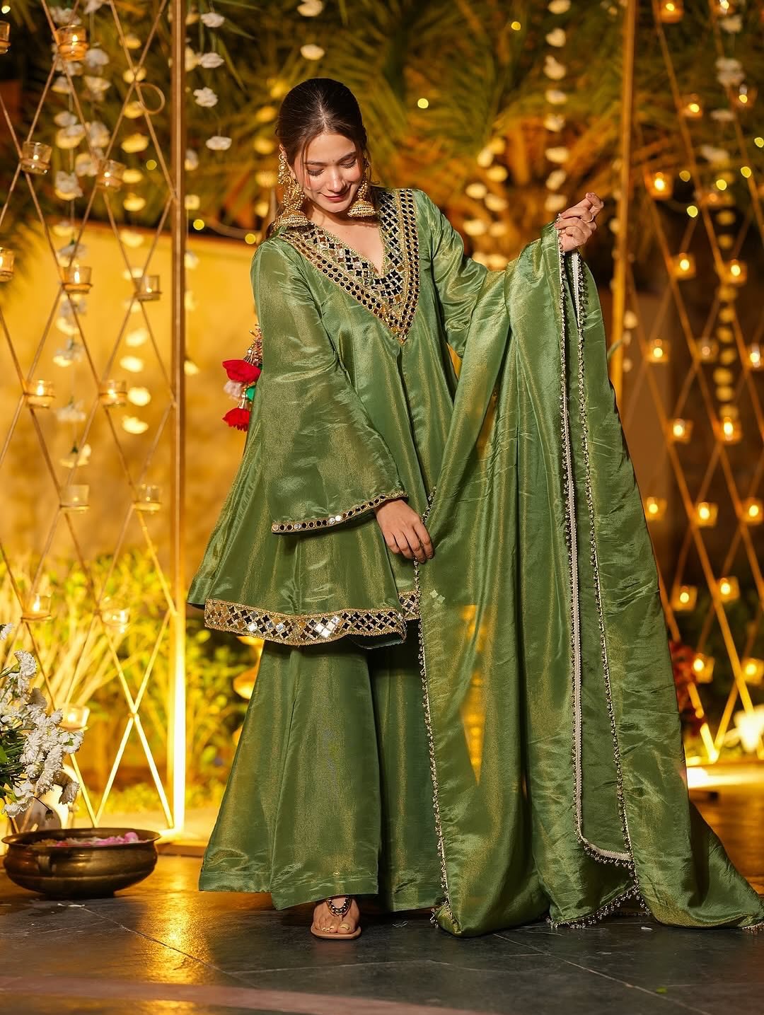 REAL MIRROR WORK ON SILK FABRIC TOP AND PLAZZO WITH DUPATTA SET