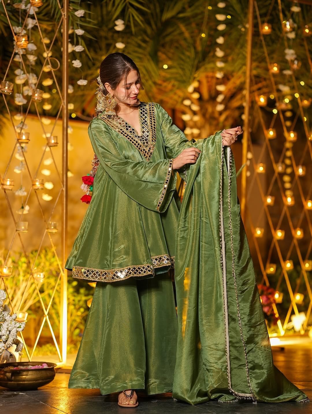 REAL MIRROR WORK ON SILK FABRIC TOP AND PLAZZO WITH DUPATTA SET