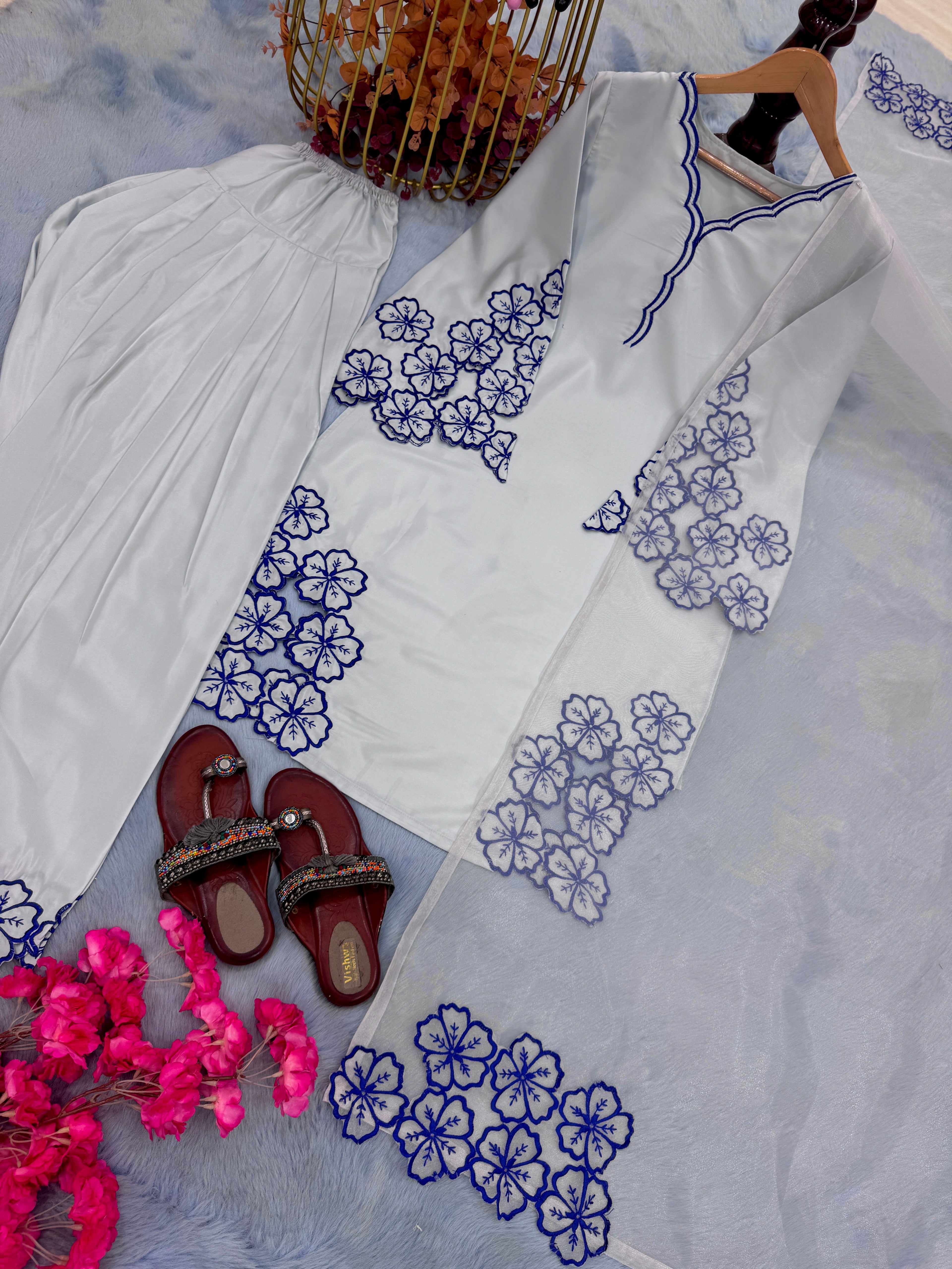 Pure Natural Crepe Top & Farshi Palazzo with Dupatta Set