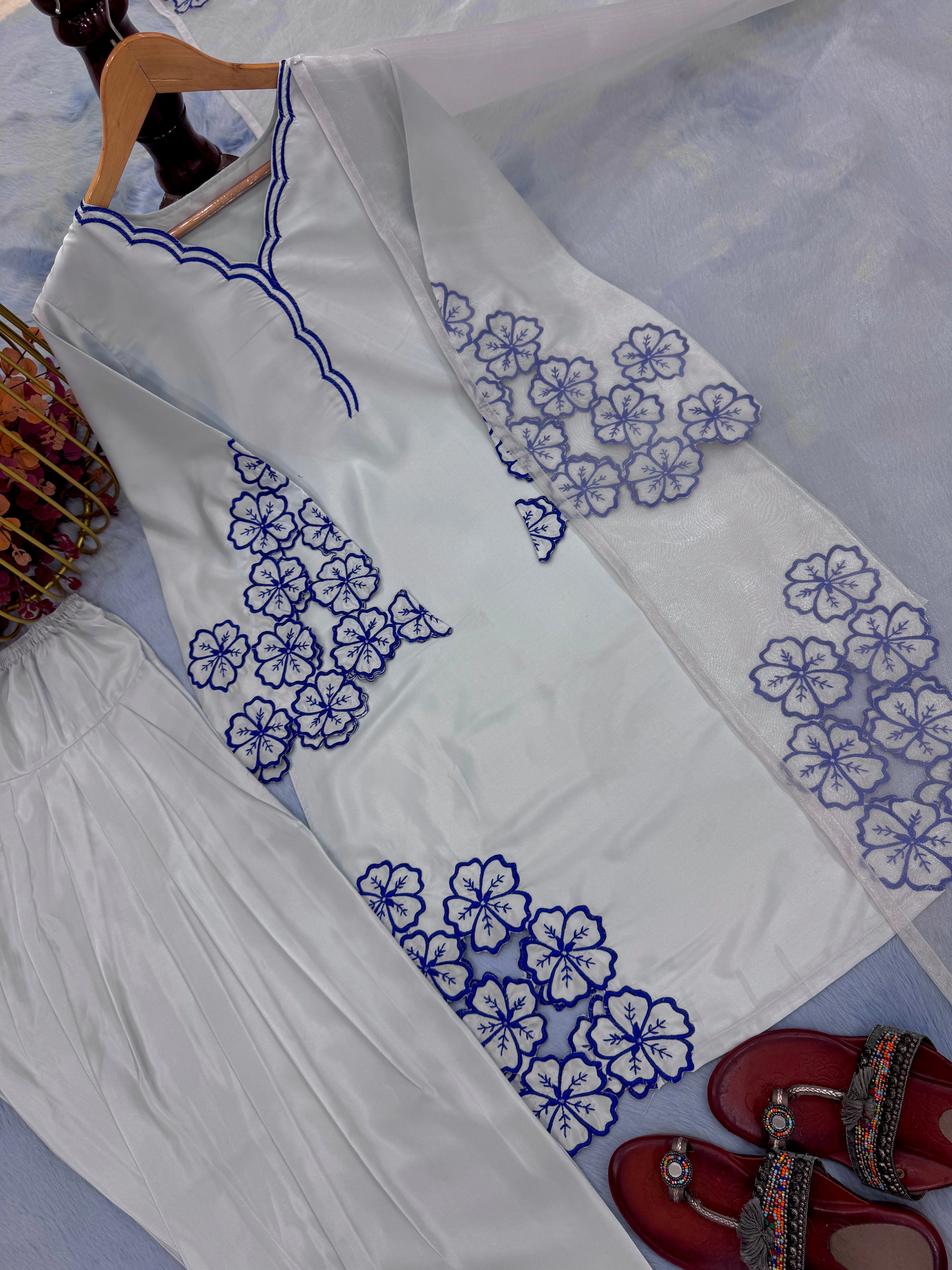 Pure Natural Crepe Top & Farshi Palazzo with Dupatta Set