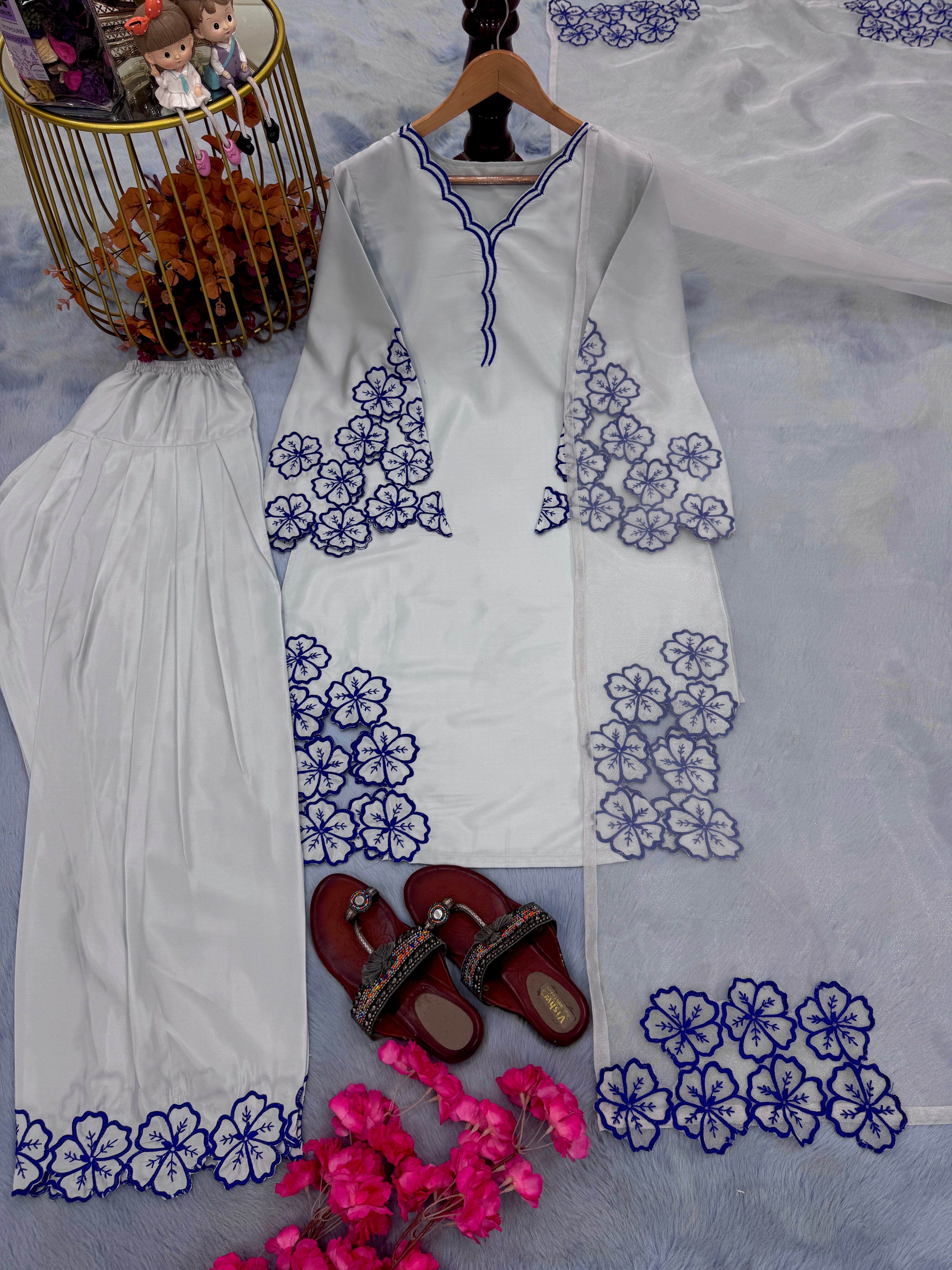 Pure Natural Crepe Top & Farshi Palazzo with Dupatta Set