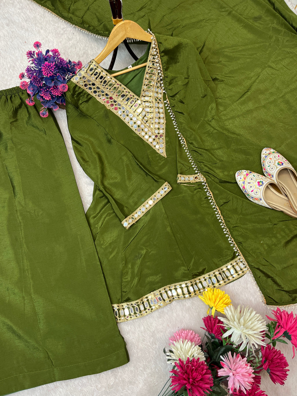 REAL MIRROR WORK ON SILK FABRIC TOP AND PLAZZO WITH DUPATTA SET