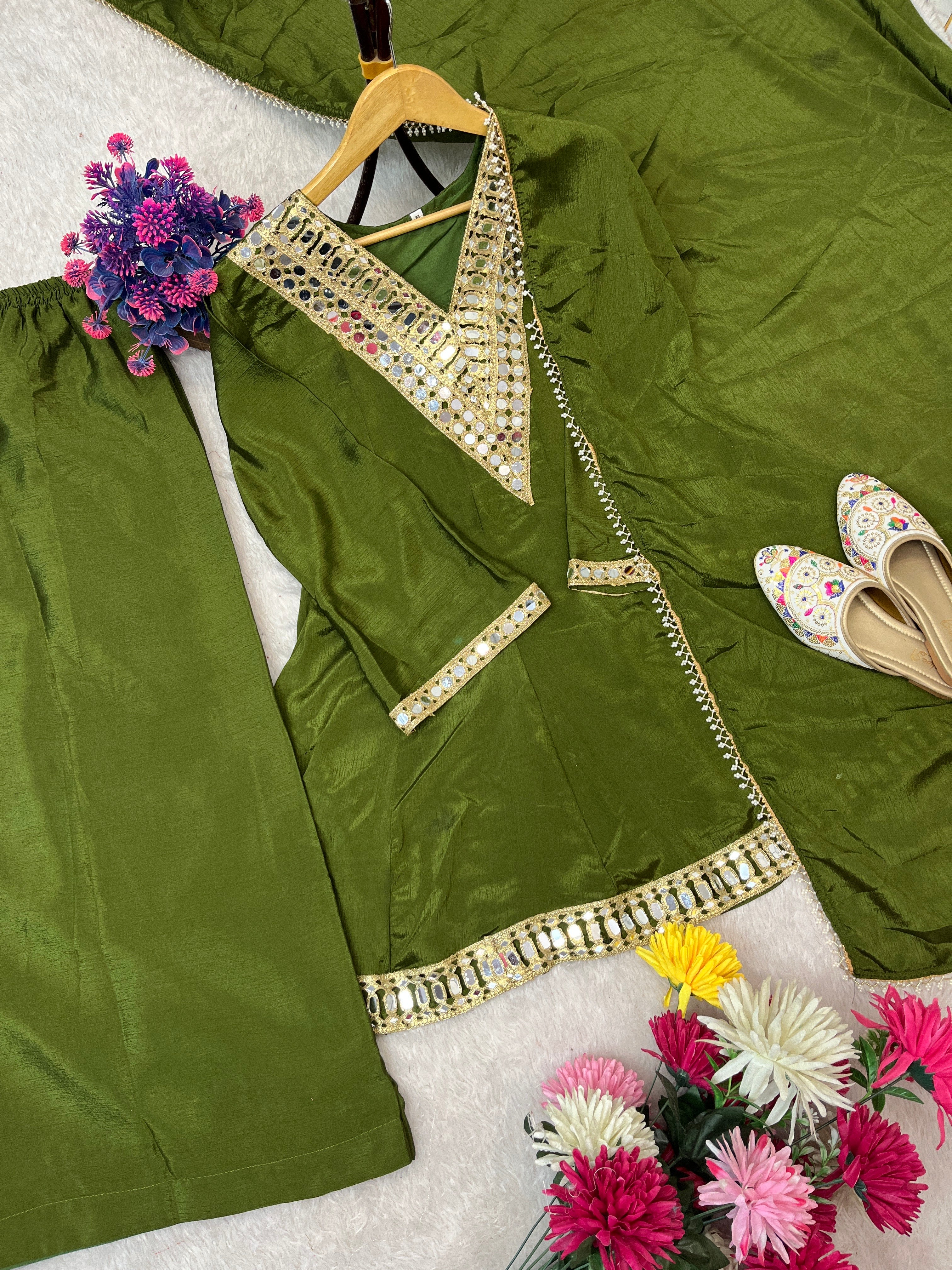 REAL MIRROR WORK ON SILK FABRIC TOP AND PLAZZO WITH DUPATTA SET