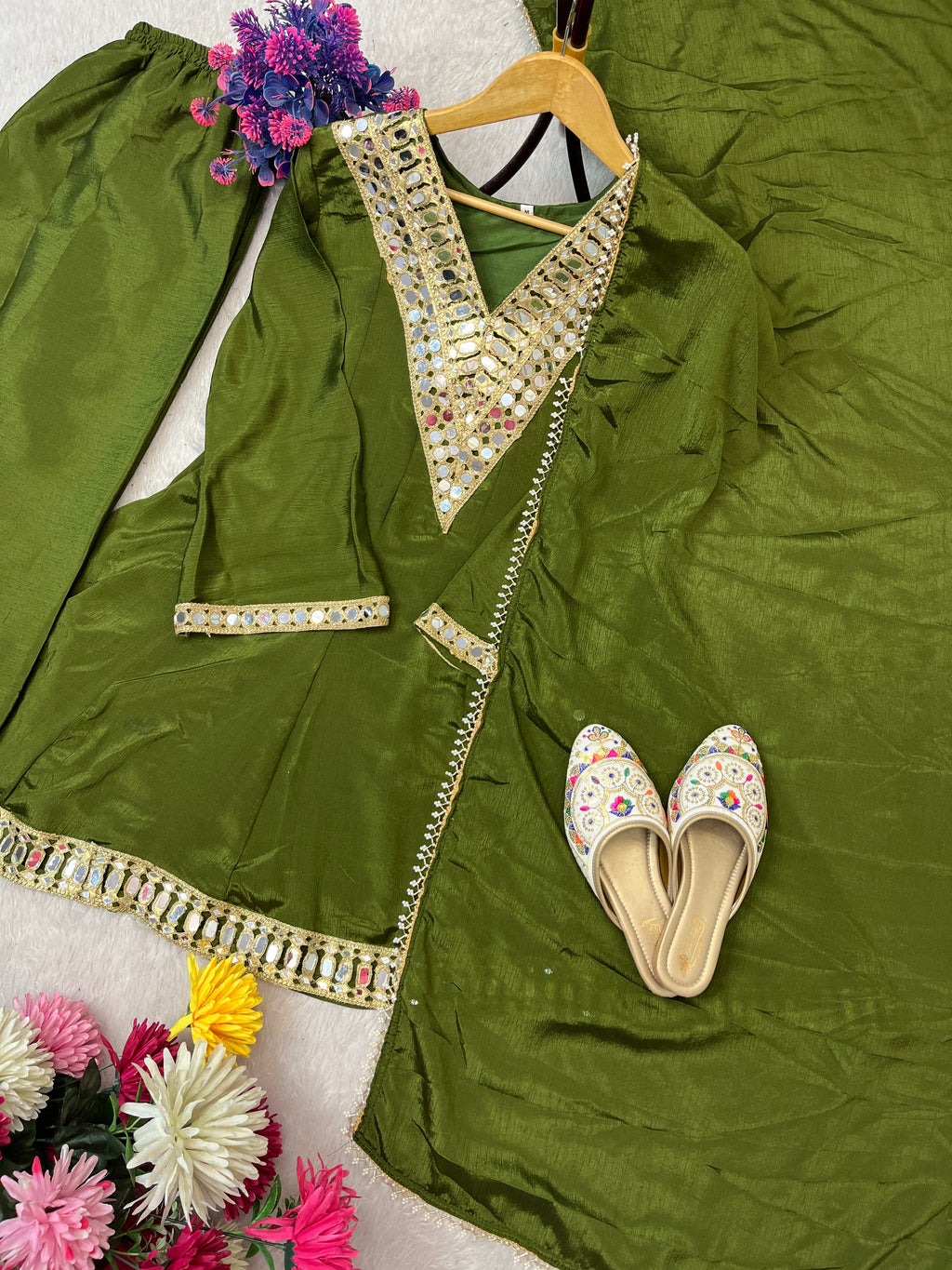 REAL MIRROR WORK ON SILK FABRIC TOP AND PLAZZO WITH DUPATTA SET