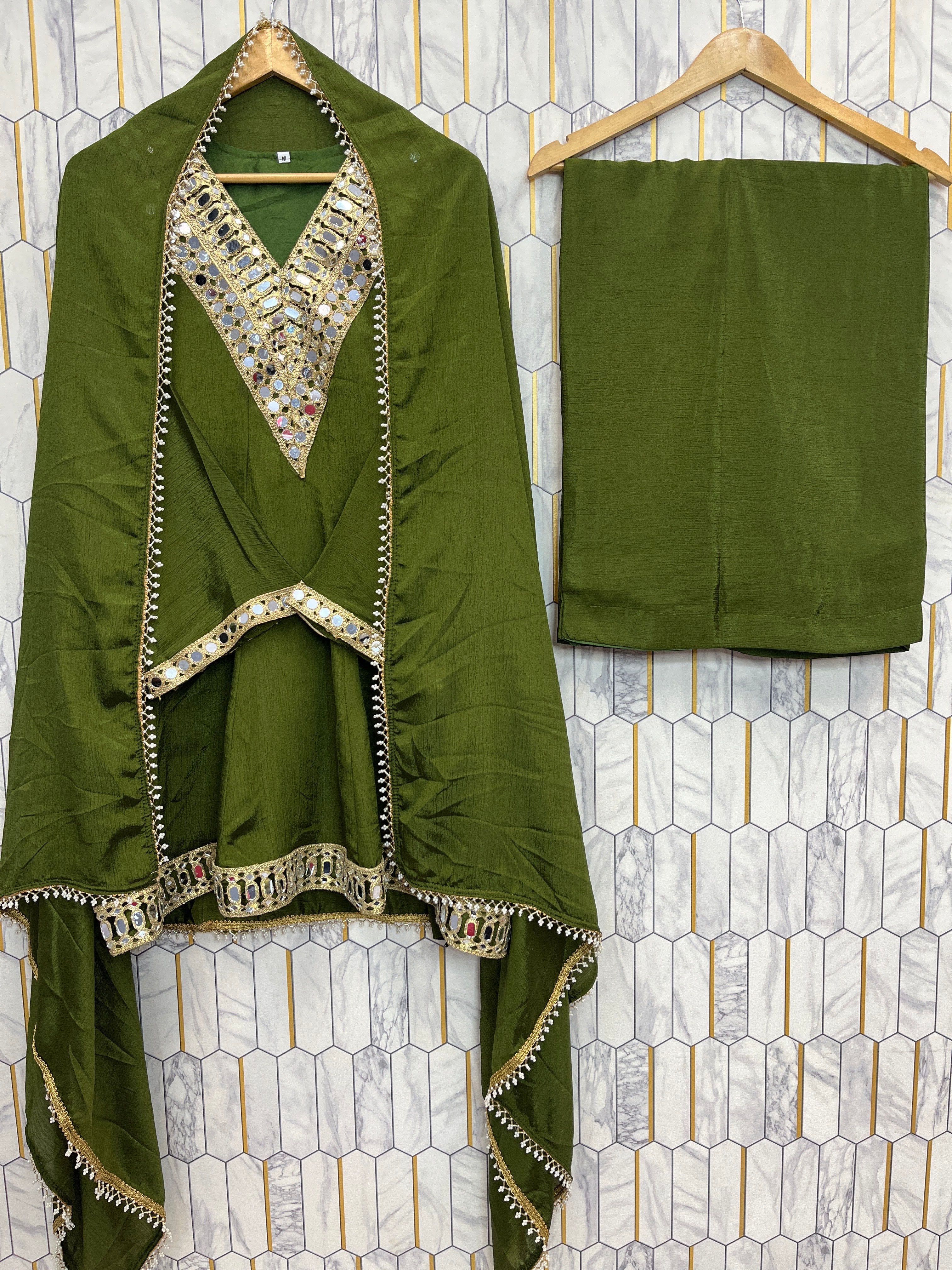 REAL MIRROR WORK ON SILK FABRIC TOP AND PLAZZO WITH DUPATTA SET