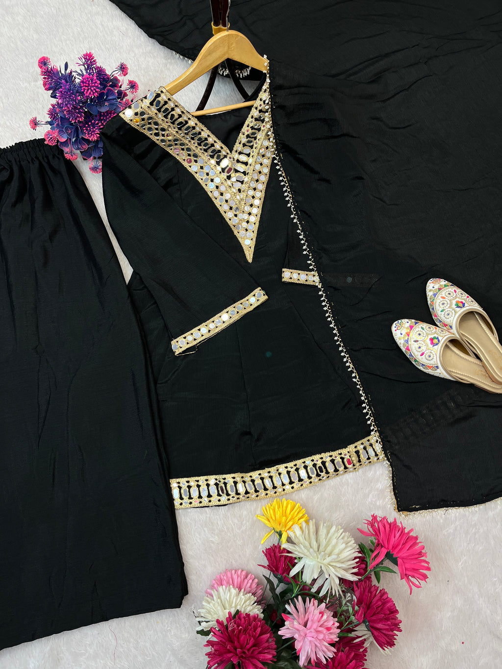 REAL MIRROR WORK ON SILK FABRIC TOP AND PLAZZO WITH DUPATTA SET