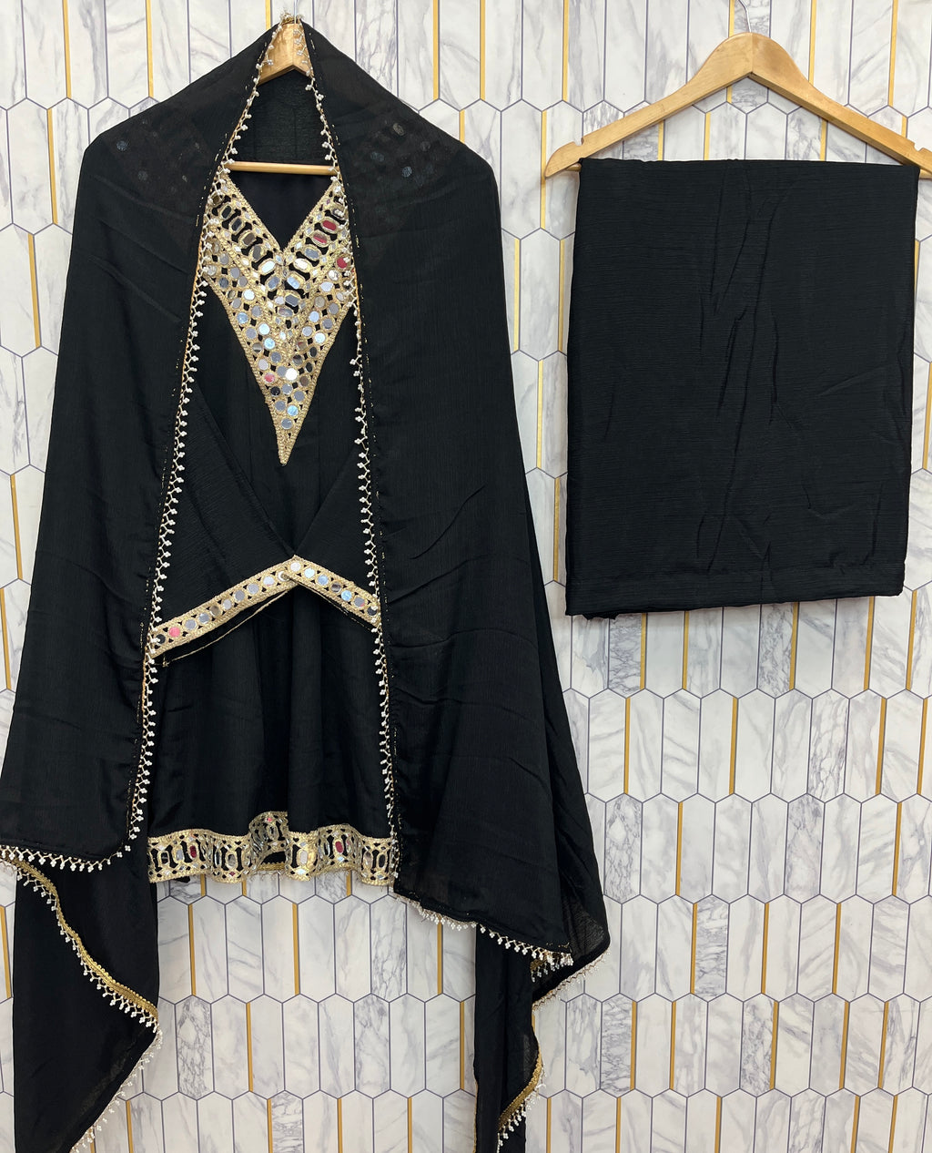 REAL MIRROR WORK ON SILK FABRIC TOP AND PLAZZO WITH DUPATTA SET