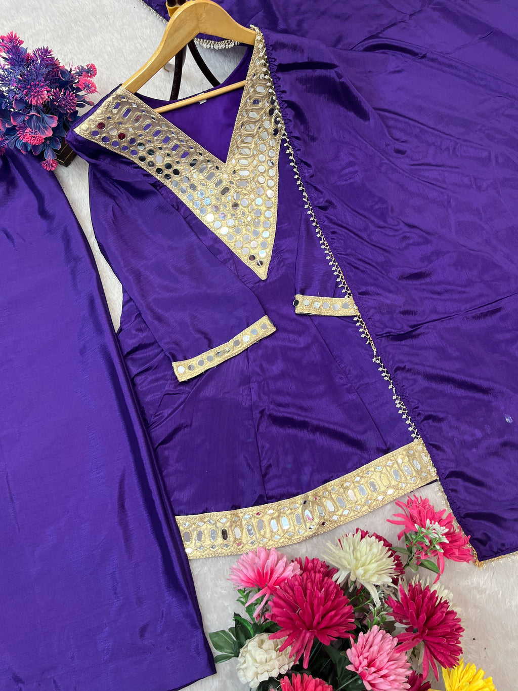 REAL MIRROR WORK ON SILK FABRIC TOP AND PLAZZO WITH DUPATTA SET