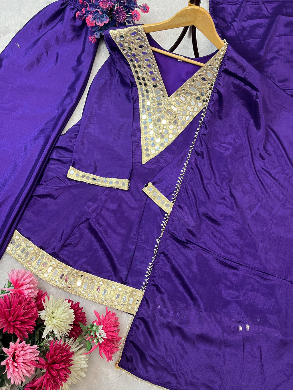 REAL MIRROR WORK ON SILK FABRIC TOP AND PLAZZO WITH DUPATTA SET