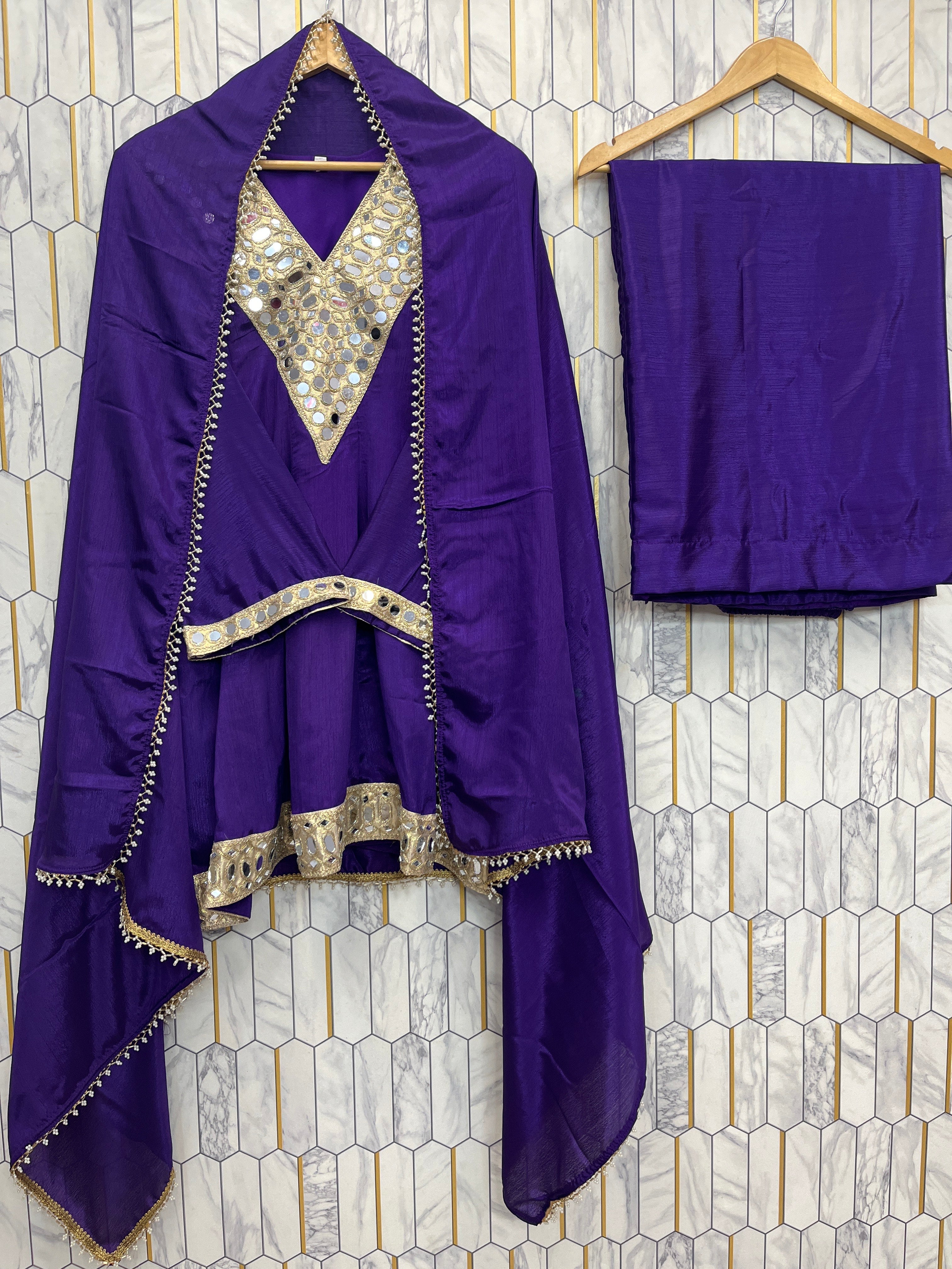 REAL MIRROR WORK ON SILK FABRIC TOP AND PLAZZO WITH DUPATTA SET