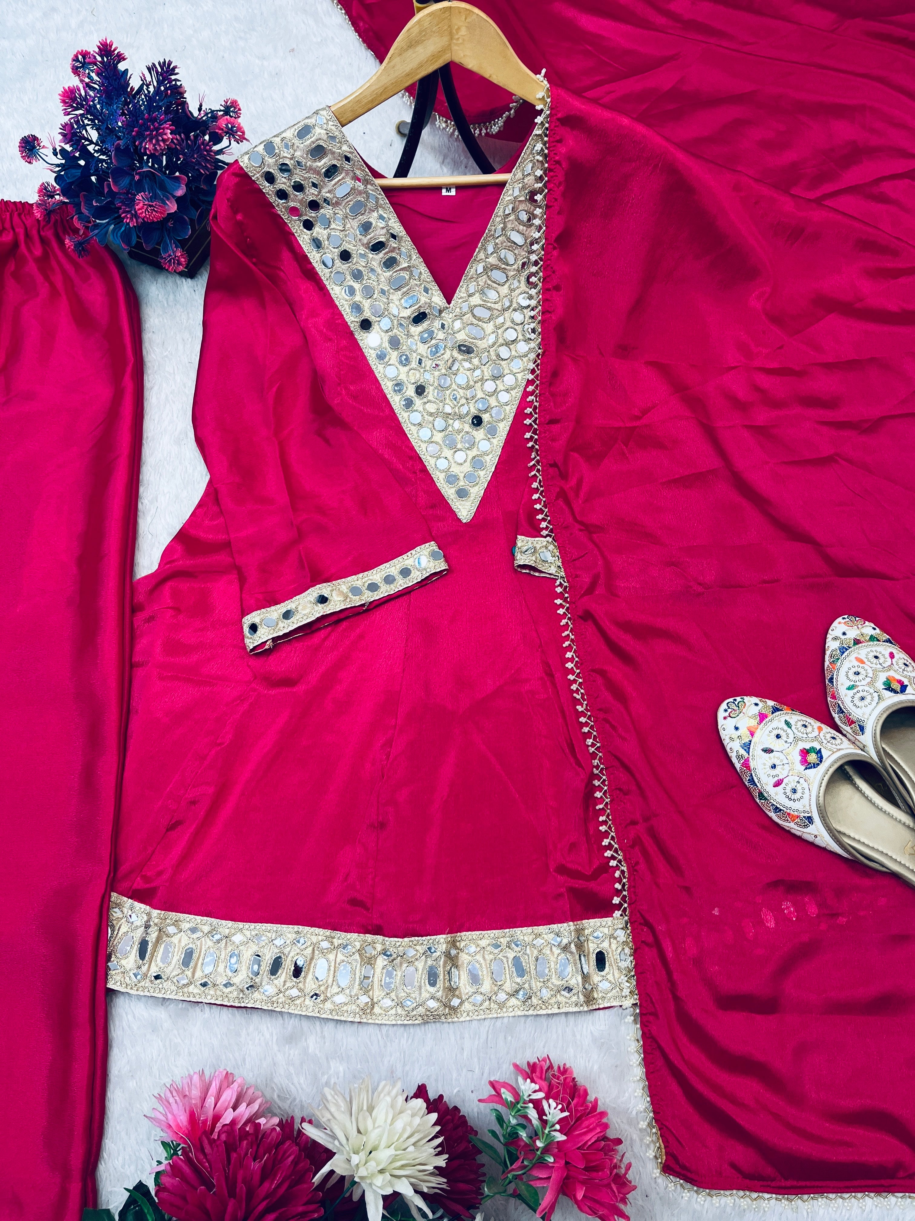 REAL MIRROR WORK ON SILK FABRIC TOP AND PLAZZO WITH DUPATTA SET