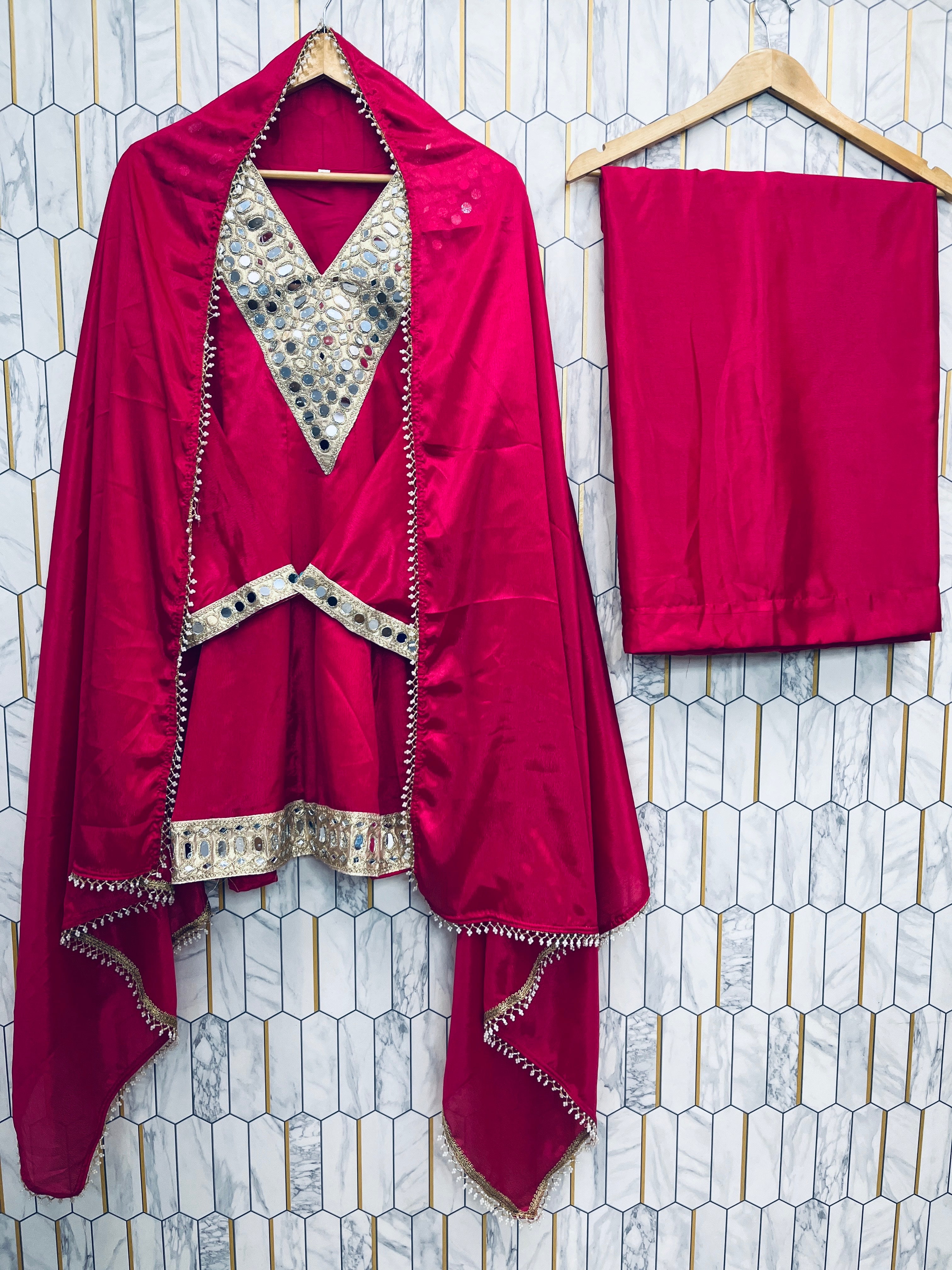 REAL MIRROR WORK ON SILK FABRIC TOP AND PLAZZO WITH DUPATTA SET