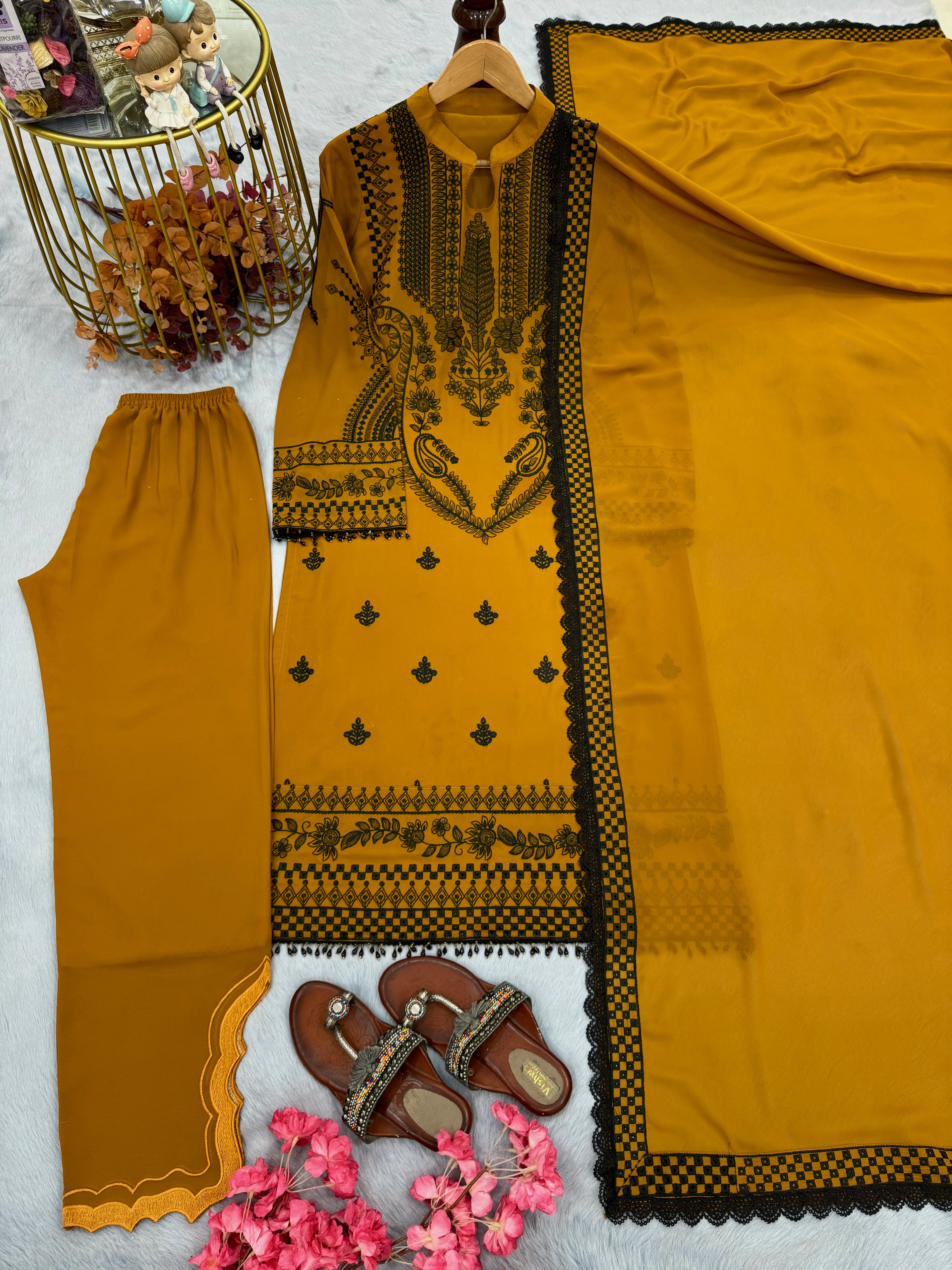 Party Wear Faux Georgette Embroidered Top Plazzo Dupatta Set