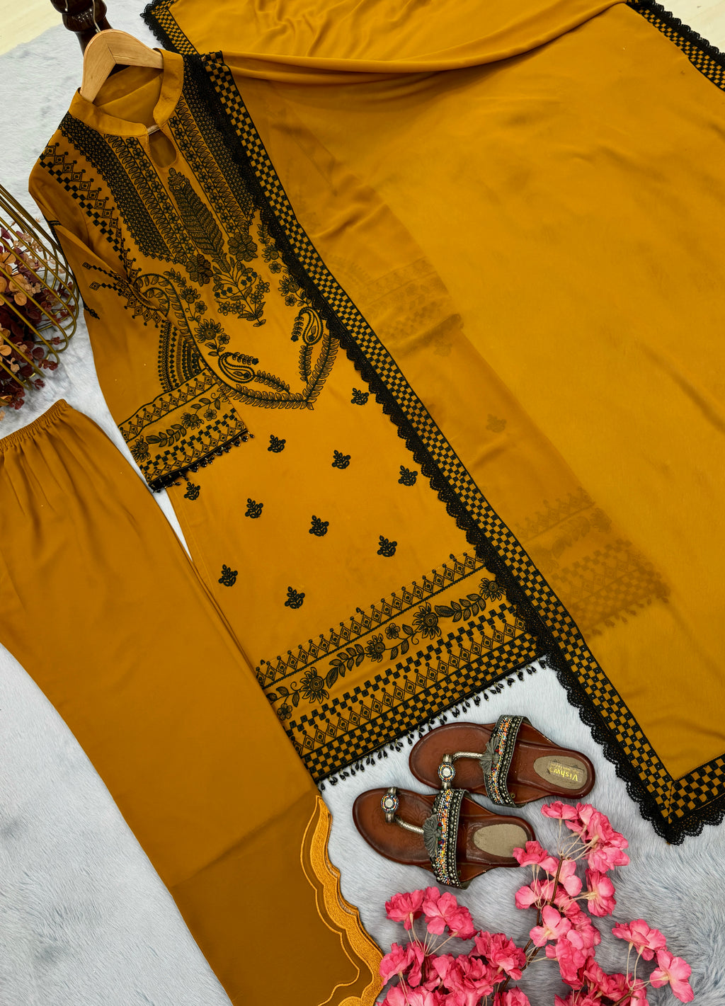 Party Wear Faux Georgette Embroidered Top Plazzo Dupatta Set