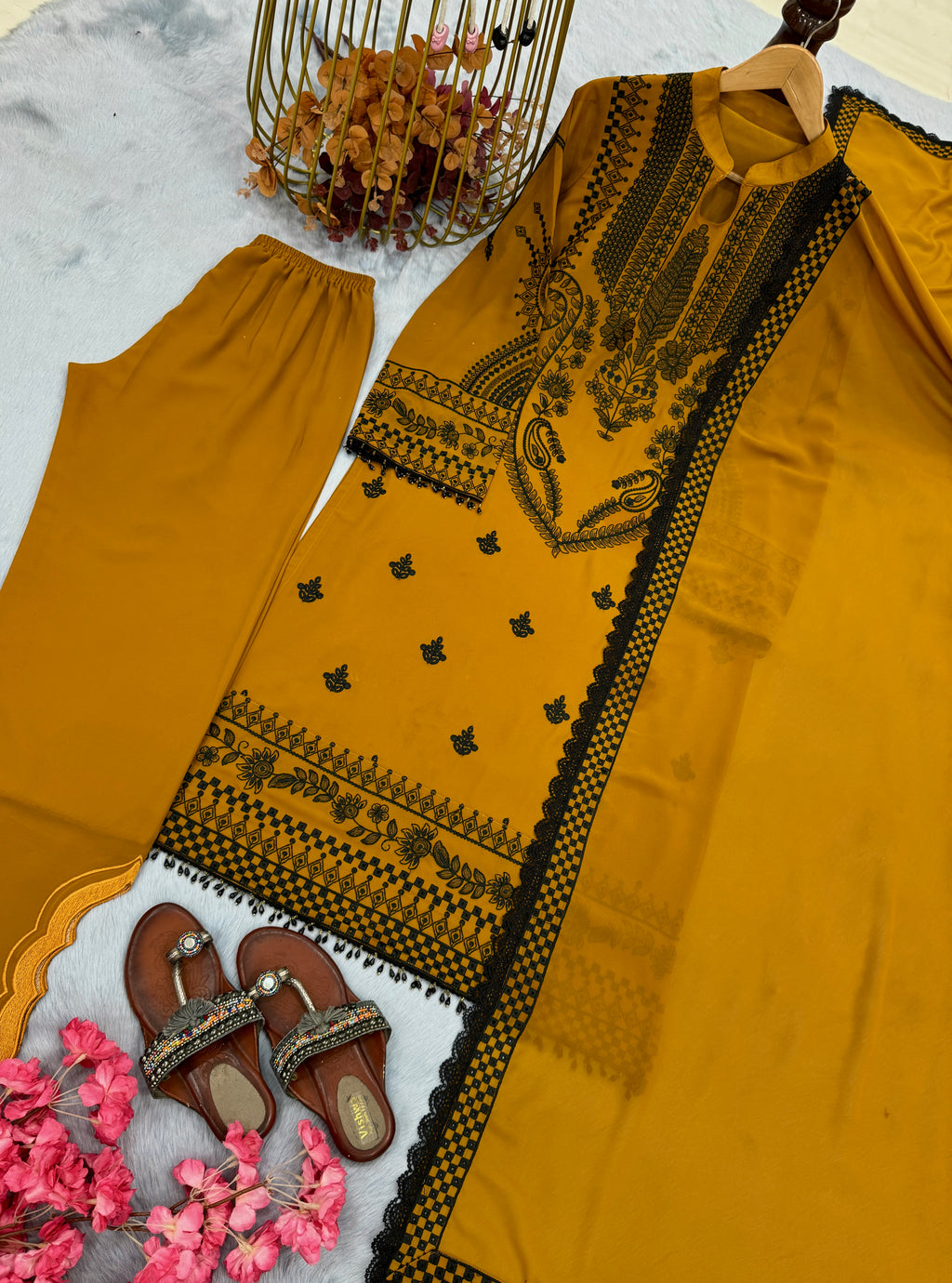 Party Wear Faux Georgette Embroidered Top Plazzo Dupatta Set