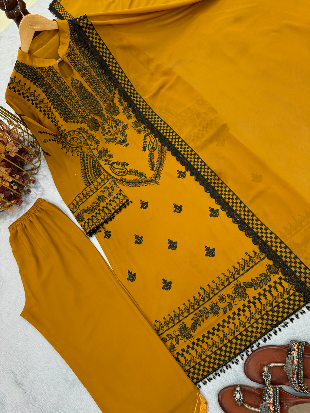 Party Wear Faux Georgette Embroidered Top Plazzo Dupatta Set