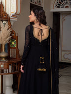 Black Anarkali Suit Set with Zari Embroidery and Dupatta