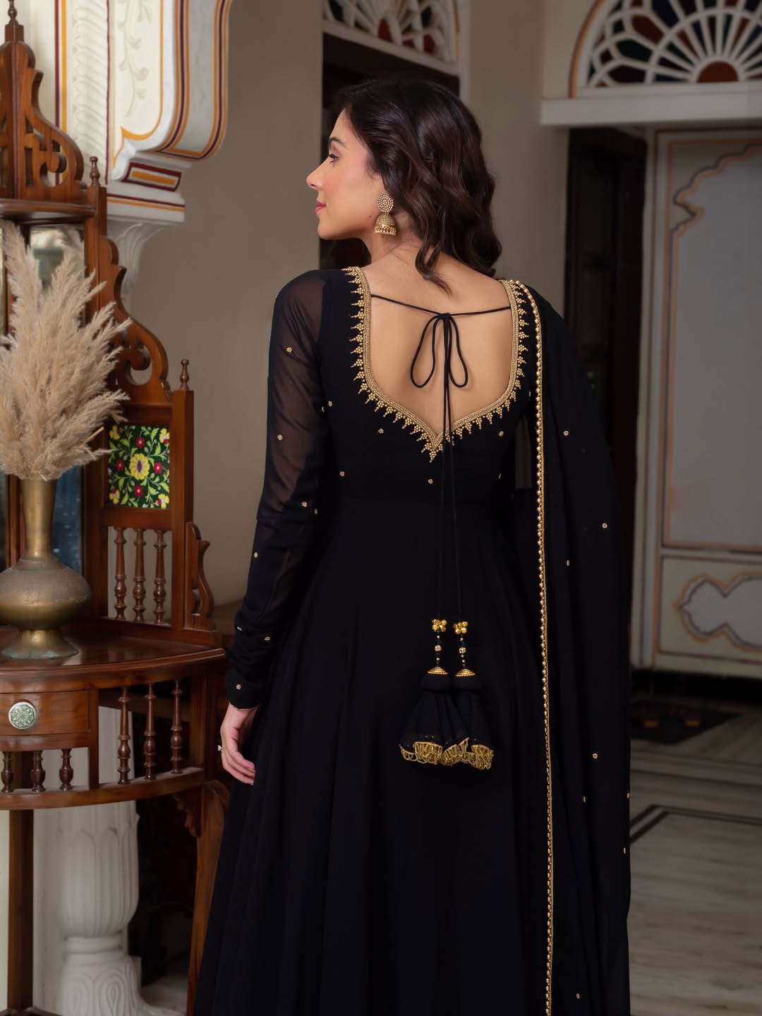 Black Anarkali Suit Set with Zari Embroidery and Dupatta