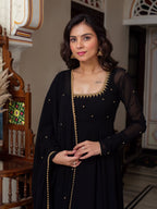 Black Anarkali Suit Set with Zari Embroidery and Dupatta