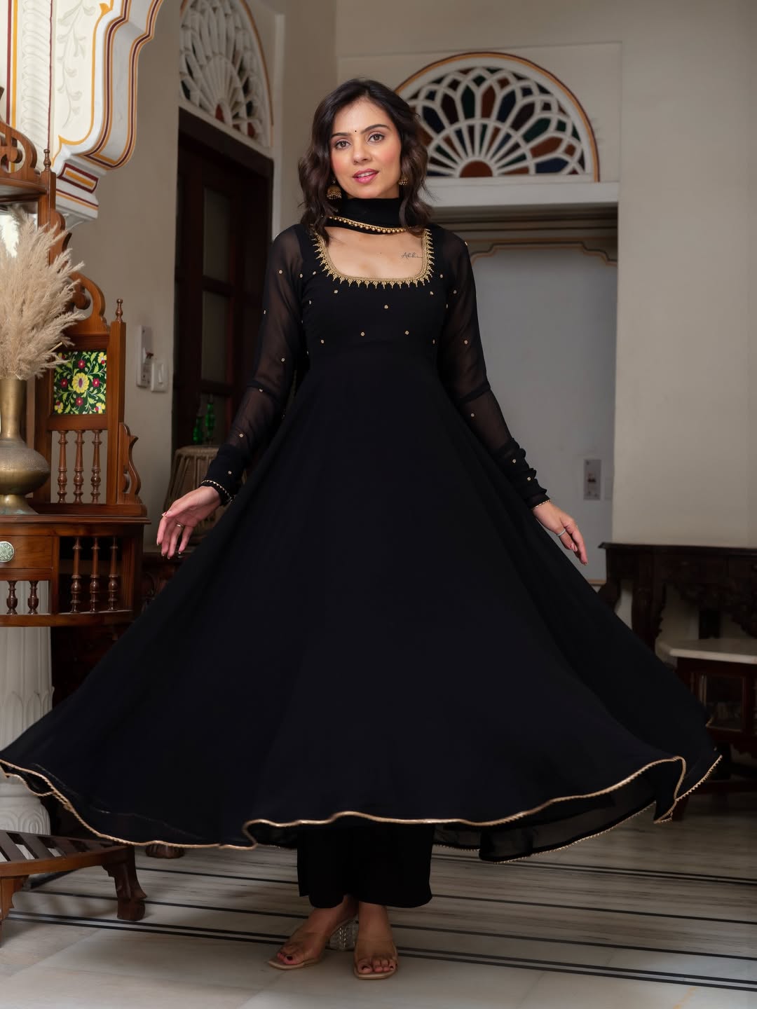 Black Anarkali Suit Set with Zari Embroidery and Dupatta