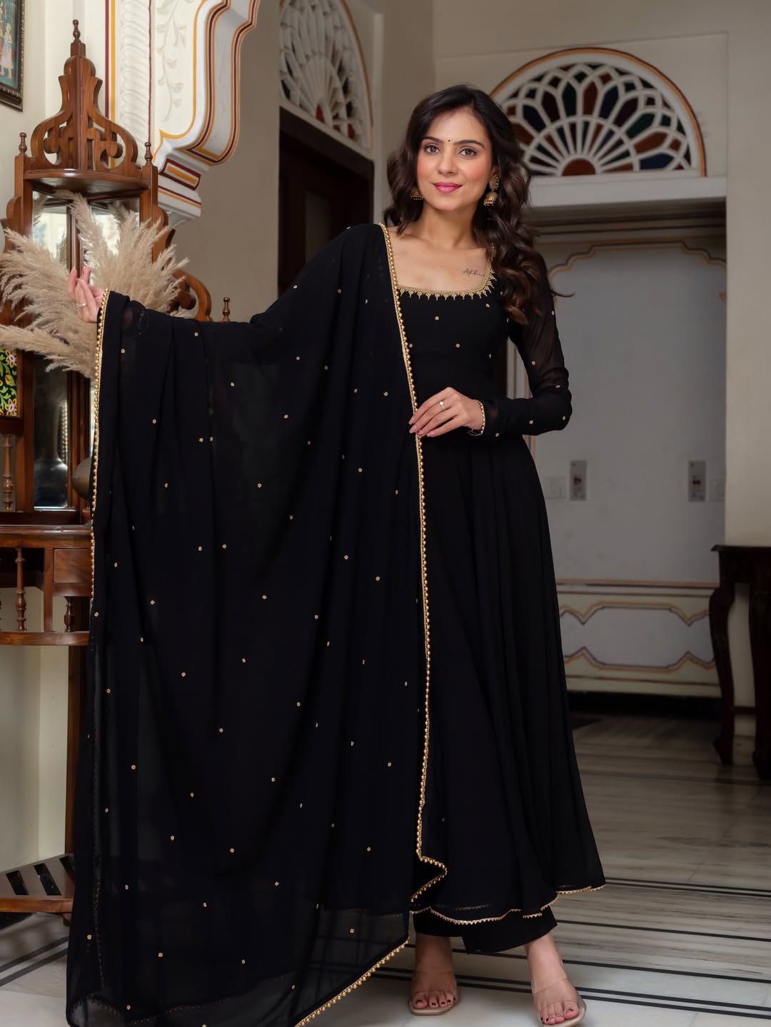 Black Anarkali Suit Set with Zari Embroidery and Dupatta