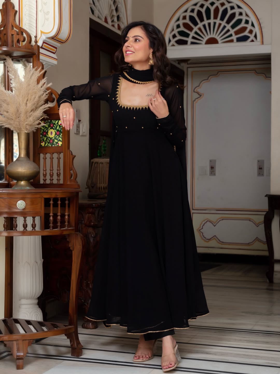Black Anarkali Suit Set with Zari Embroidery and Dupatta