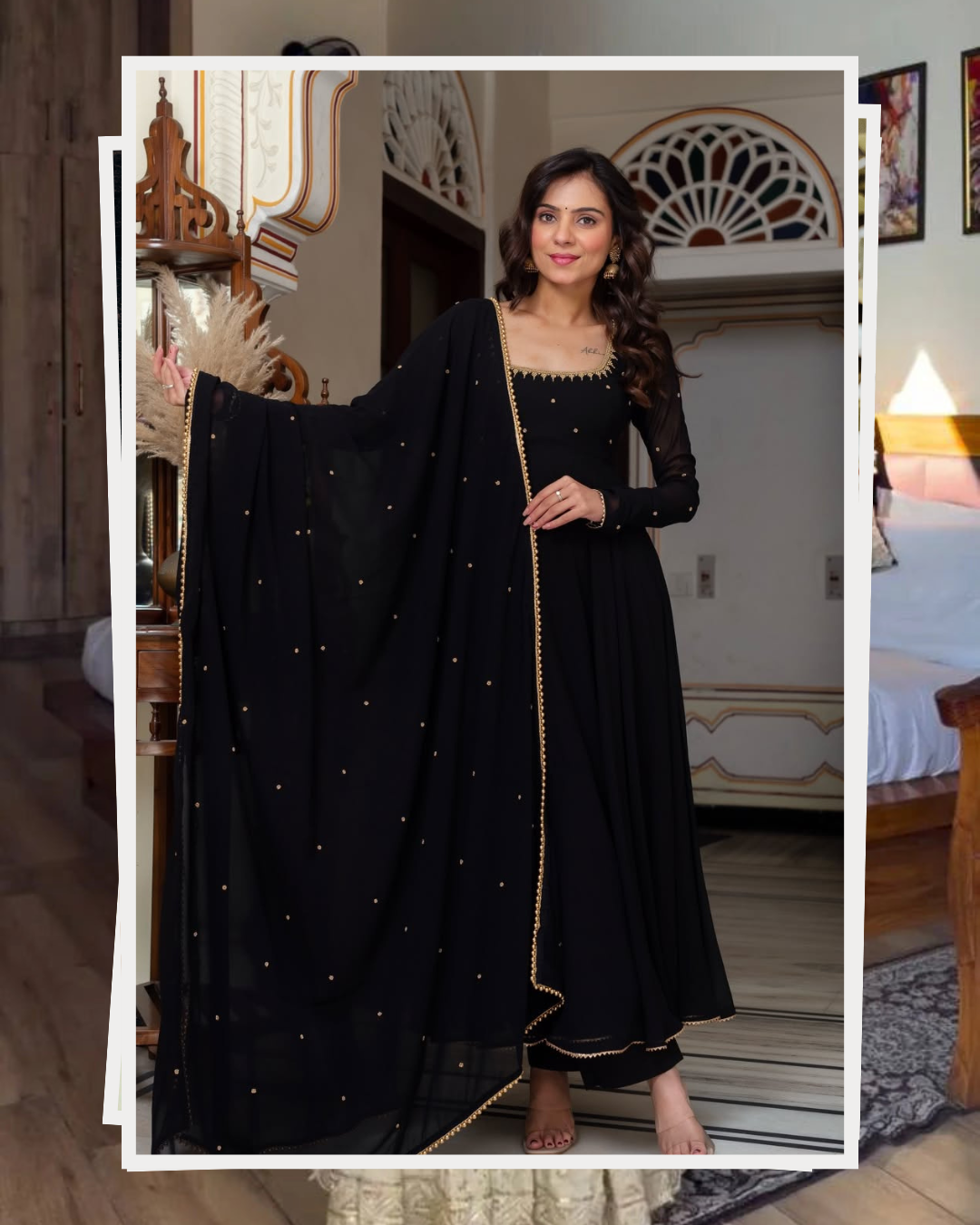 Black Anarkali Suit Set with Zari Embroidery and Dupatta