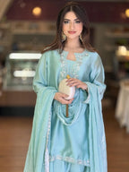 Silk Embroidered Top with Farshi Palazzo and Organza Dupatta Set