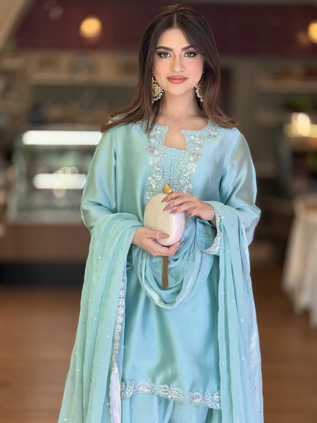 Silk Embroidered Top with Farshi Palazzo and Organza Dupatta Set