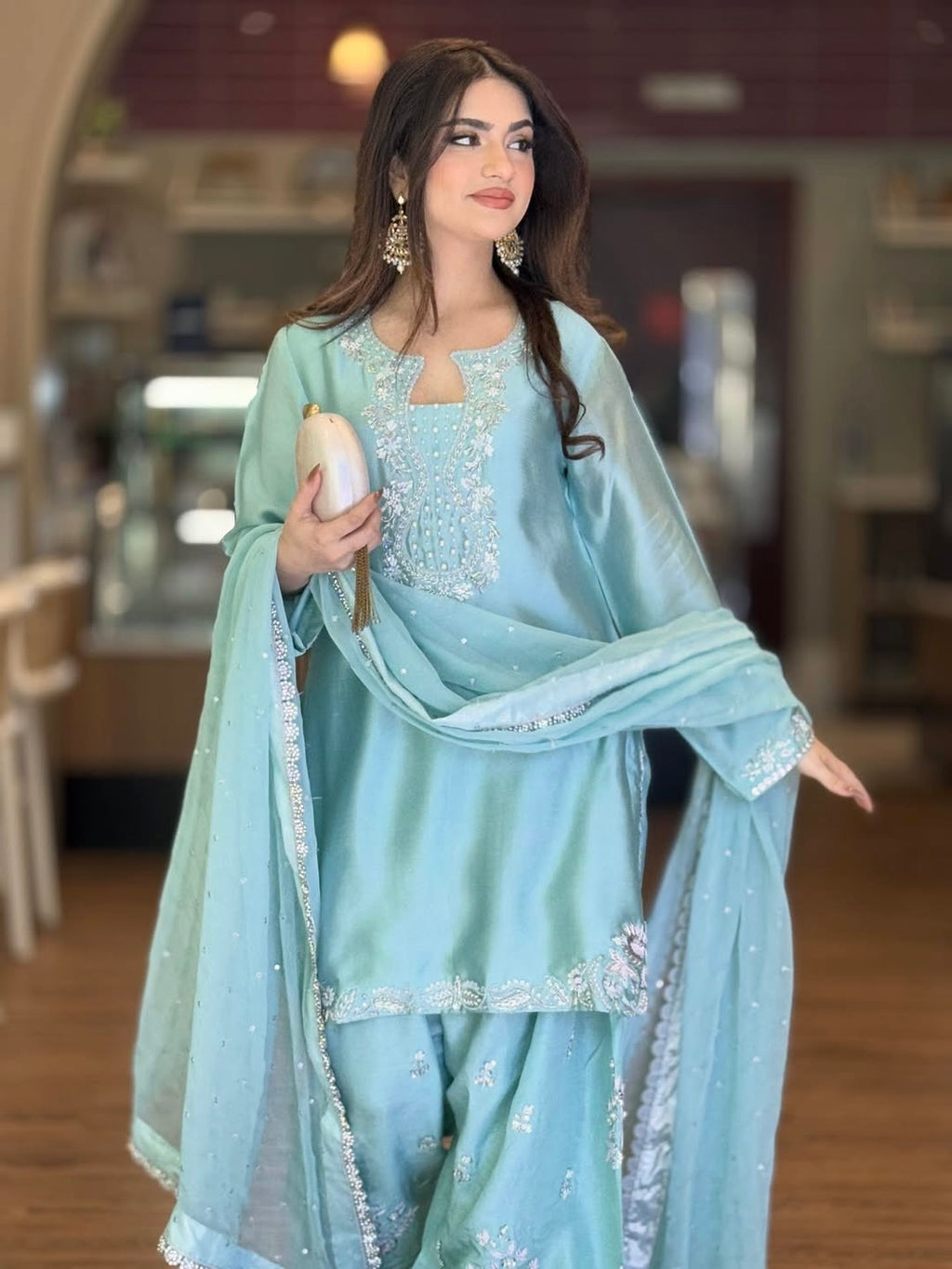 Silk Embroidered Top with Farshi Palazzo and Organza Dupatta Set