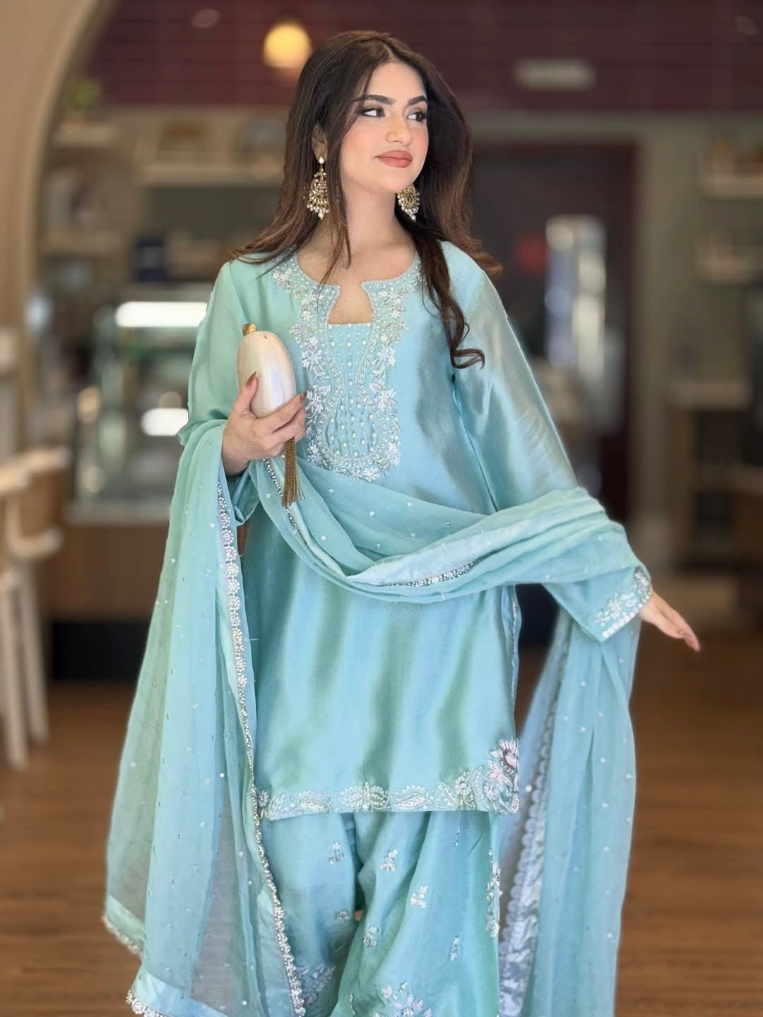 Silk Embroidered Top with Farshi Palazzo and Organza Dupatta Set