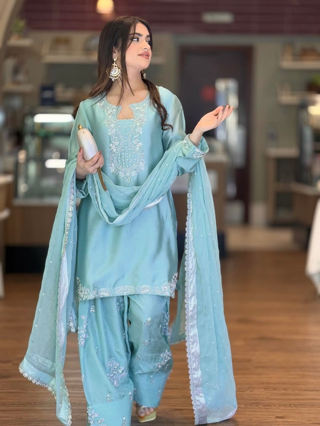 Silk Embroidered Top with Farshi Palazzo and Organza Dupatta Set