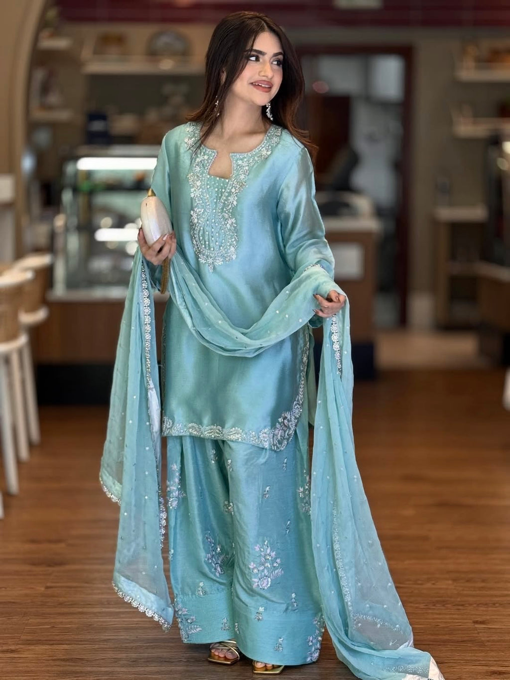 Silk Embroidered Top with Farshi Palazzo and Organza Dupatta Set